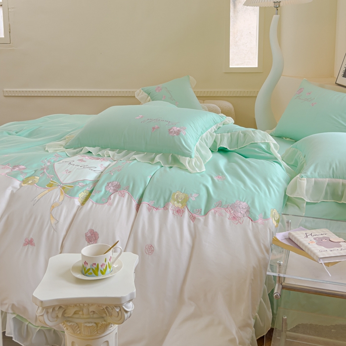 91家纺网 家纺一手货源 找家纺 花香四季家纺2025新款【纯棉】春熙系列四件套 春熙-绿