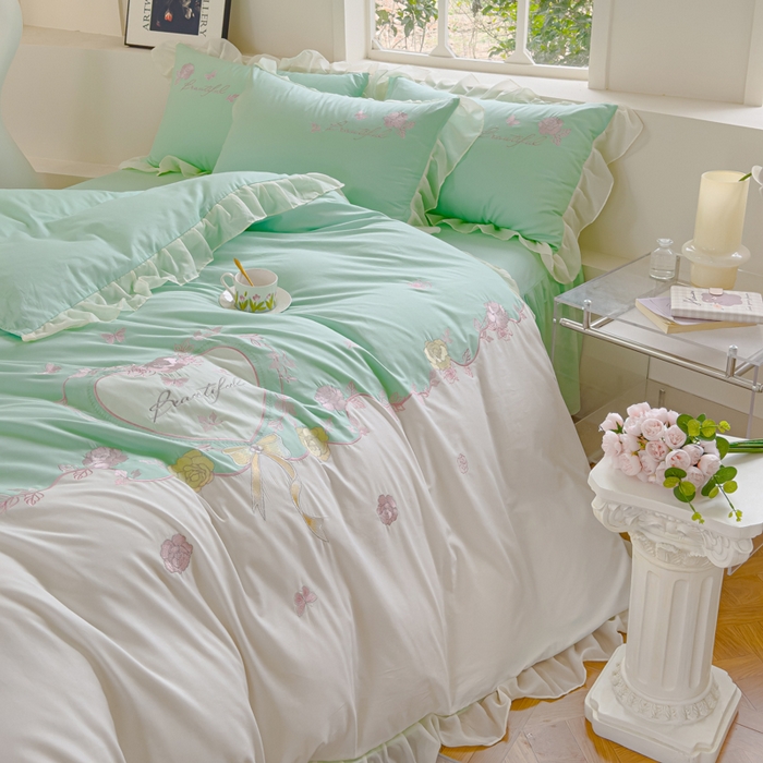 91家纺网 家纺一手货源 找家纺 花香四季家纺2025新款【纯棉】春熙系列四件套 春熙-绿