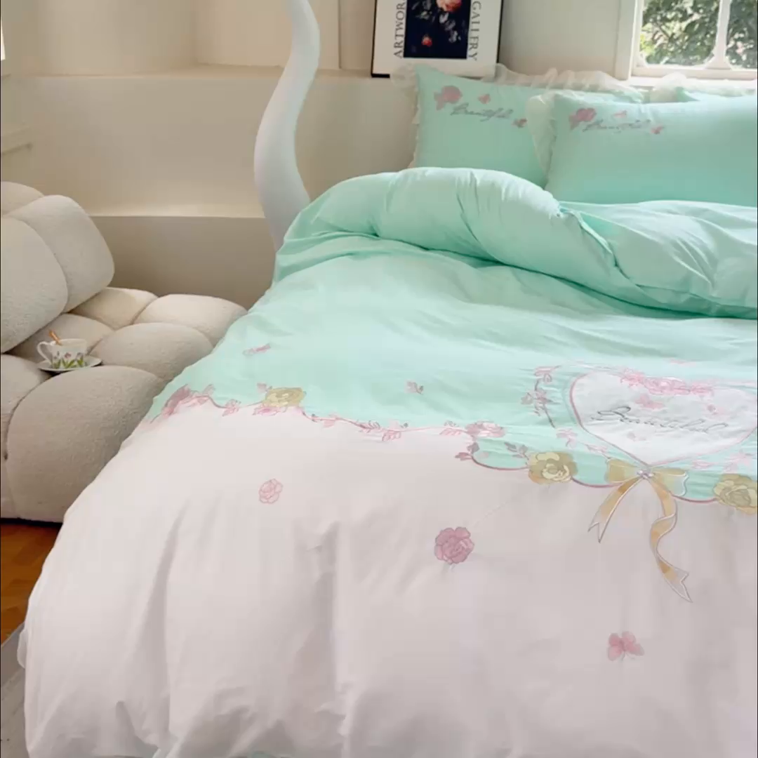91家纺网 家纺一手货源 找家纺 花香四季家纺2025新款【纯棉】春熙系列四件套 春熙-绿