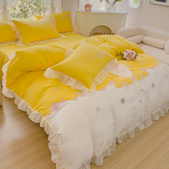 91家纺网 家纺一手货源 找家纺 花香四季家纺2025新款【纯棉】春熙系列四件套 春熙-奶黄