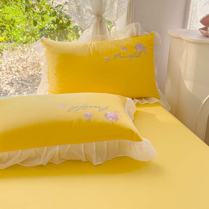 91家纺网 家纺一手货源 找家纺 花香四季家纺2025新款【纯棉】春熙系列四件套 春熙-奶黄