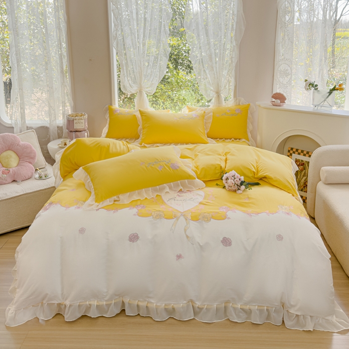 91家纺网 家纺一手货源 找家纺 花香四季家纺2025新款【纯棉】春熙系列四件套 春熙-奶黄