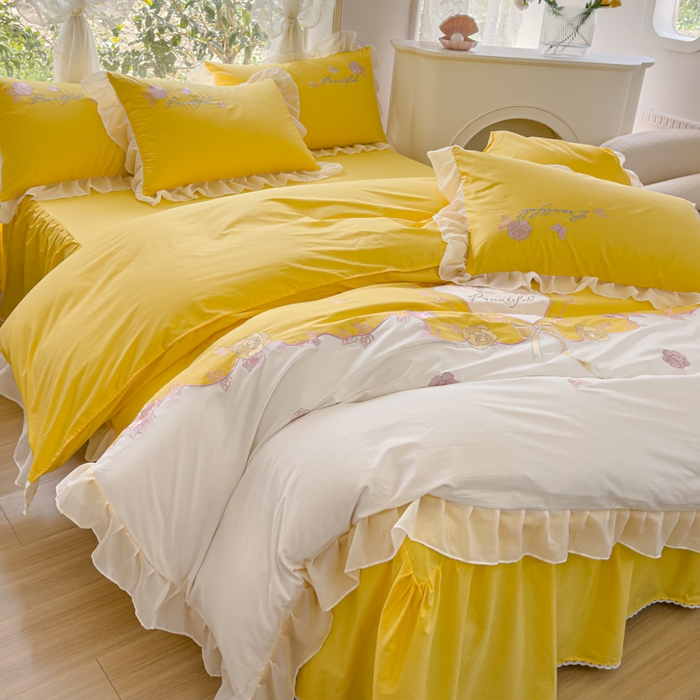 91家纺网 家纺一手货源 找家纺 花香四季家纺2025新款【纯棉】春熙系列四件套 春熙-奶黄