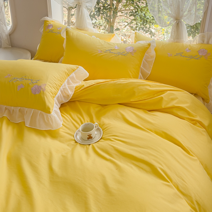 91家纺网 家纺一手货源 找家纺 花香四季家纺2025新款【纯棉】春熙系列四件套 春熙-奶黄