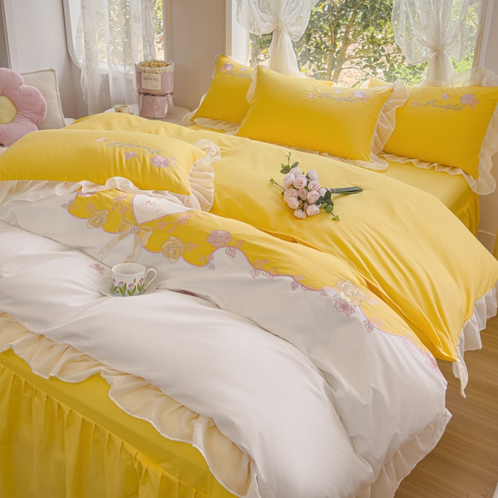 91家纺网 家纺一手货源 找家纺 花香四季家纺2025新款【纯棉】春熙系列四件套 春熙-奶黄