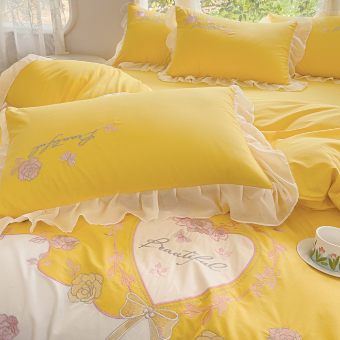 91家纺网 家纺一手货源 找家纺 花香四季家纺2025新款【纯棉】春熙系列四件套 春熙-奶黄