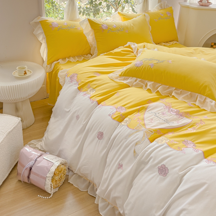 91家纺网 家纺一手货源 找家纺 花香四季家纺2025新款【纯棉】春熙系列四件套 春熙-奶黄