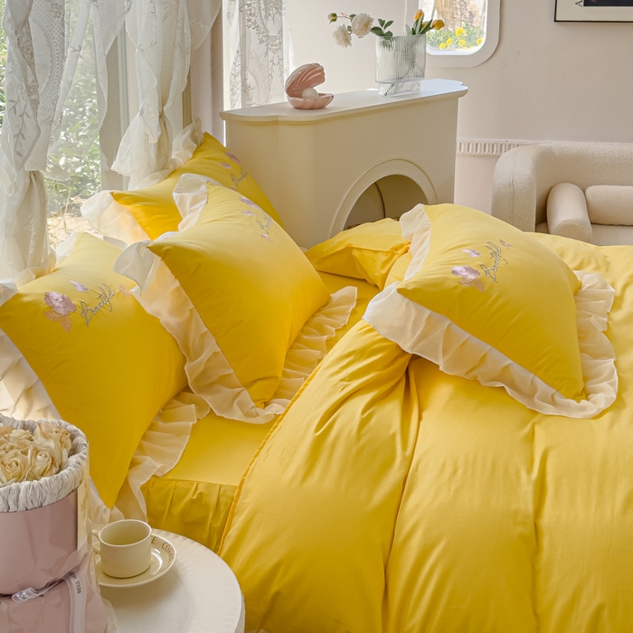 91家纺网 家纺一手货源 找家纺 花香四季家纺2025新款【纯棉】春熙系列四件套 春熙-奶黄