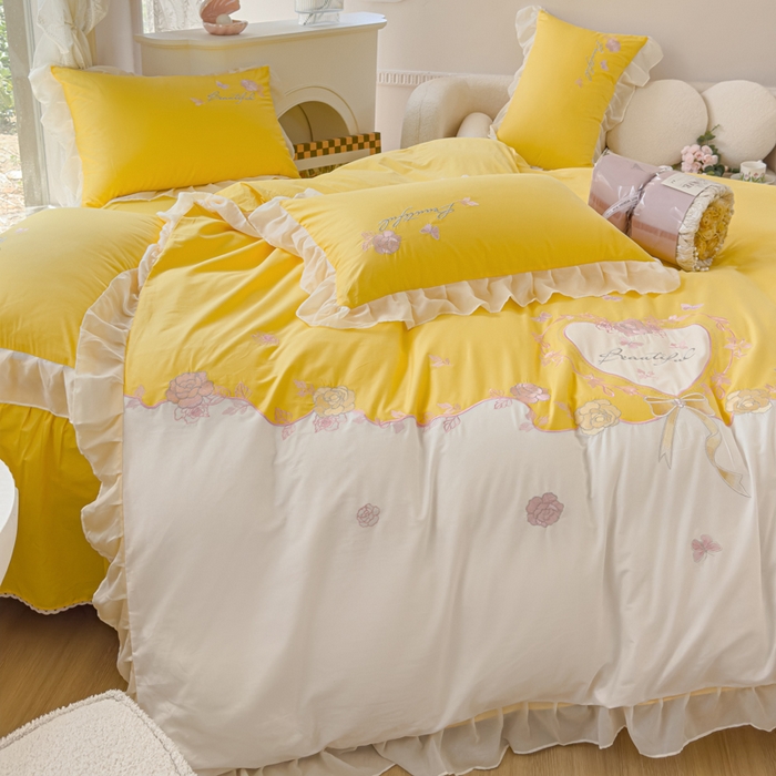 91家纺网 家纺一手货源 找家纺 花香四季家纺2025新款【纯棉】春熙系列四件套 春熙-奶黄