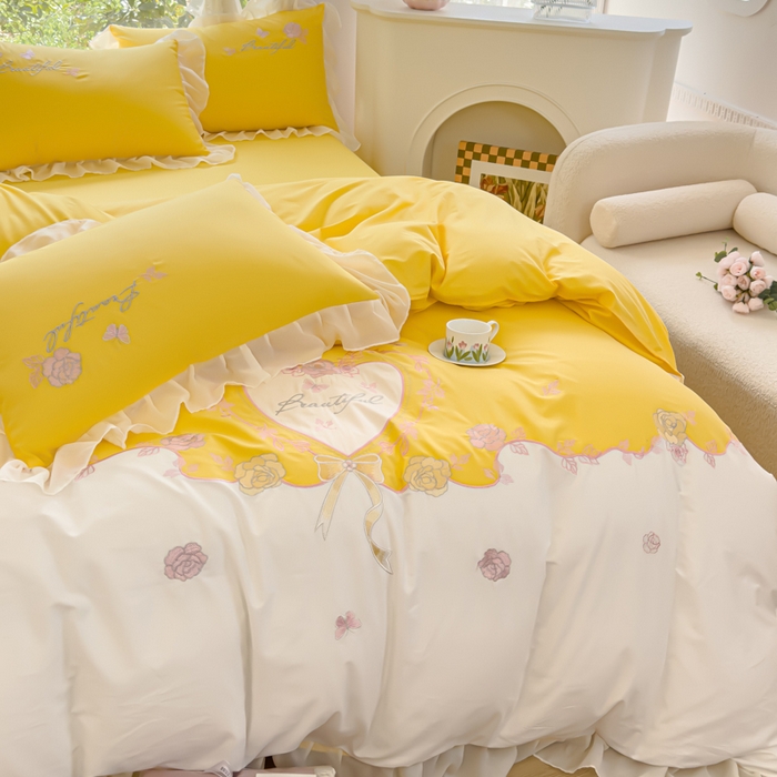 91家纺网 家纺一手货源 找家纺 花香四季家纺2025新款【纯棉】春熙系列四件套 春熙-奶黄
