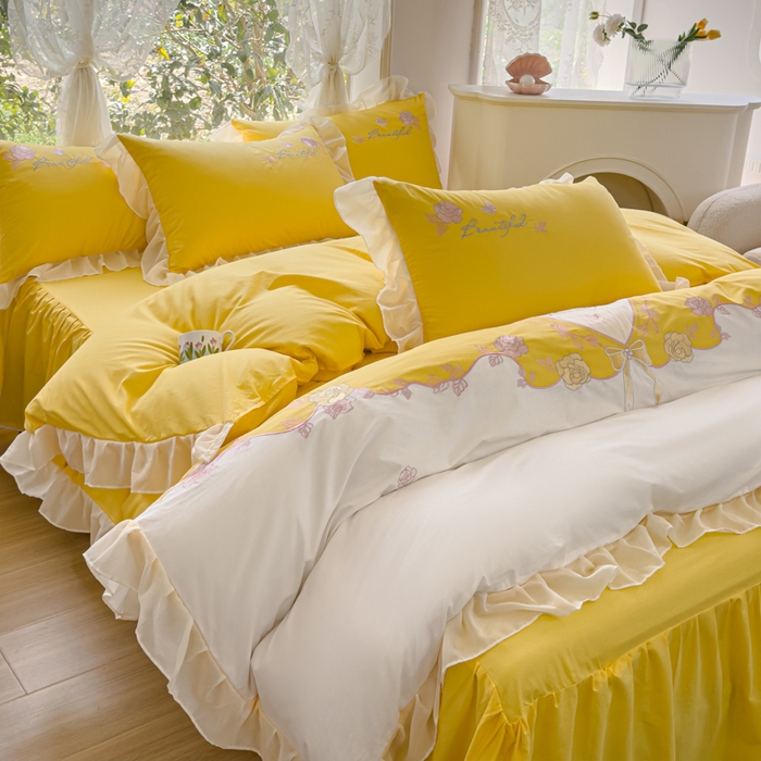 91家纺网 家纺一手货源 找家纺 花香四季家纺2025新款【纯棉】春熙系列四件套 春熙-奶黄