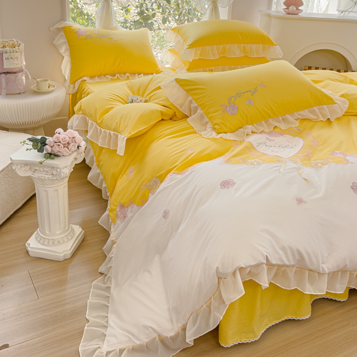 91家纺网 家纺一手货源 找家纺 花香四季家纺2025新款【纯棉】春熙系列四件套 春熙-奶黄