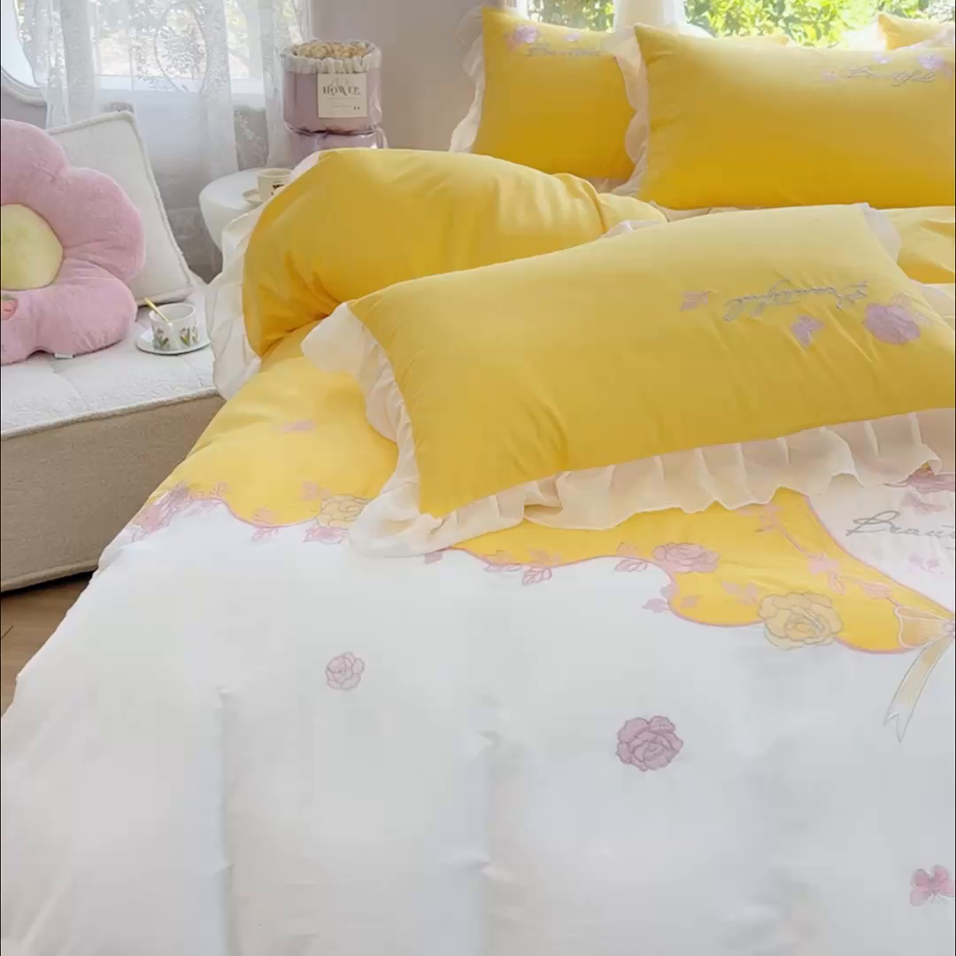 91家纺网 家纺一手货源 找家纺 花香四季家纺2025新款【纯棉】春熙系列四件套 春熙-奶黄