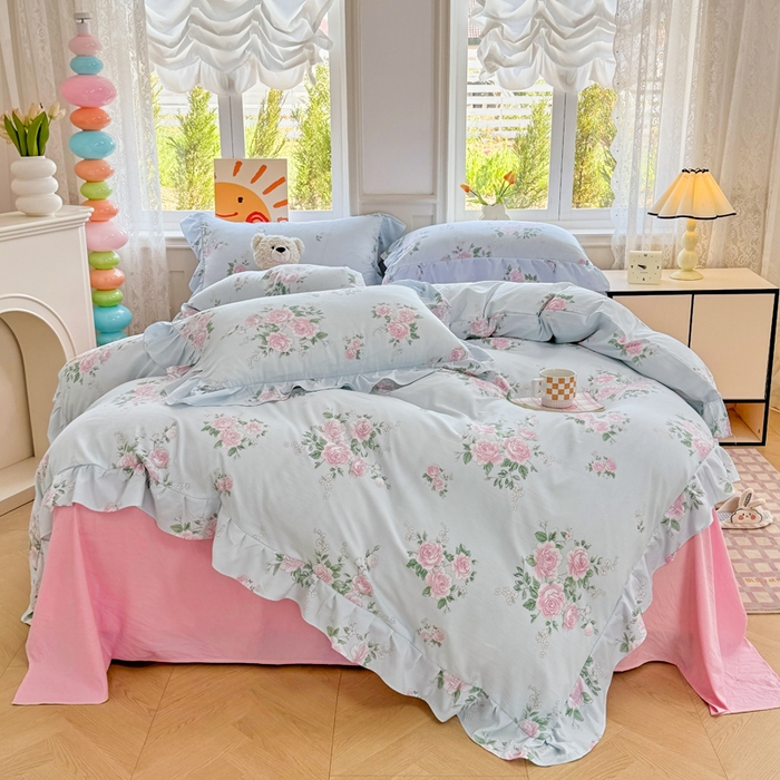 91家纺网 家纺一手货源 找家纺 芷凡家纺 2025新款A类加厚超柔水洗棉花边款韩式四件套 爱丽丝