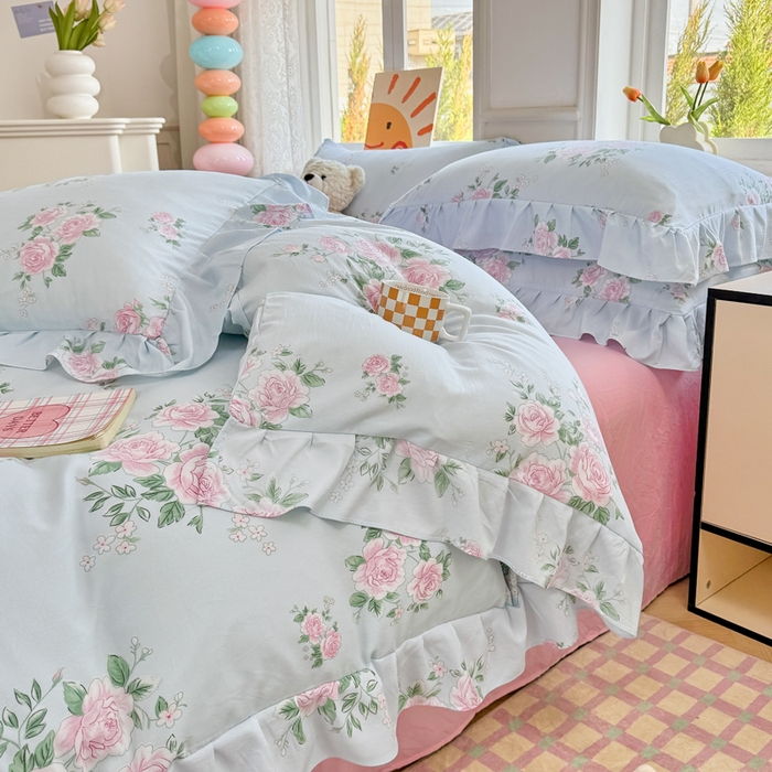 91家纺网 家纺一手货源 找家纺 芷凡家纺 2025新款A类加厚超柔水洗棉花边款韩式四件套 爱丽丝