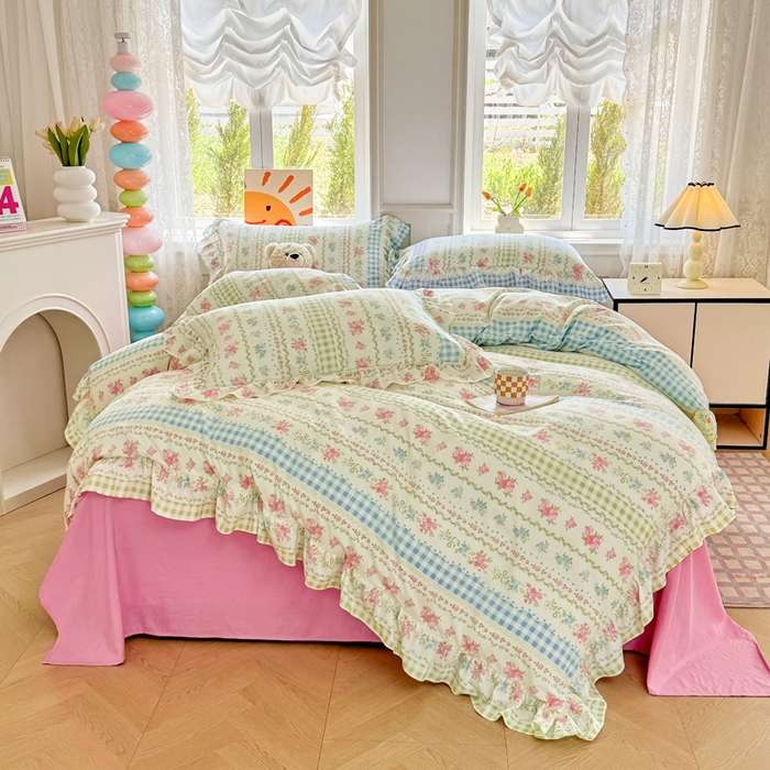 91家纺网 家纺一手货源 找家纺 芷凡家纺 2025新款A类加厚超柔水洗棉花边款韩式四件套 法式小香