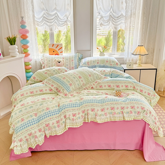 91家纺网 家纺一手货源 找家纺 芷凡家纺 2025新款A类加厚超柔水洗棉花边款韩式四件套 法式小香