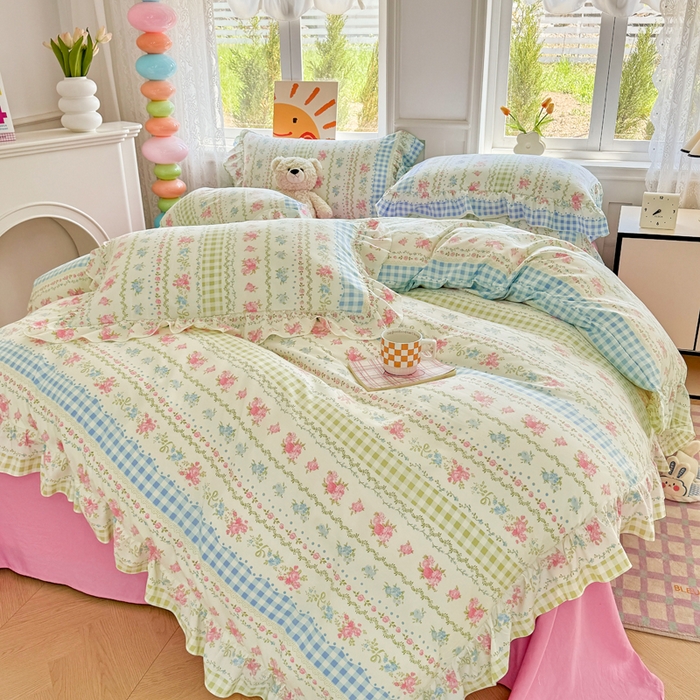 91家纺网 家纺一手货源 找家纺 芷凡家纺 2025新款A类加厚超柔水洗棉花边款韩式四件套 法式小香