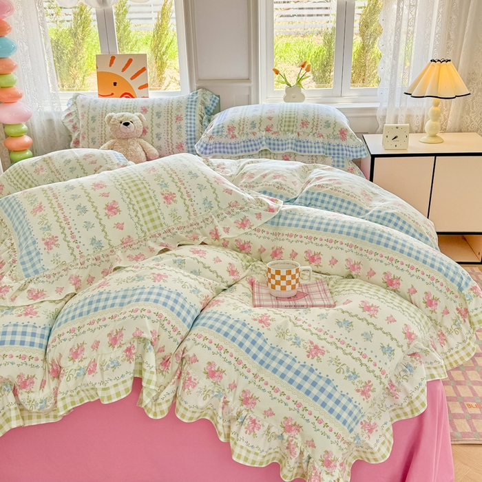 91家纺网 家纺一手货源 找家纺 芷凡家纺 2025新款A类加厚超柔水洗棉花边款韩式四件套 法式小香