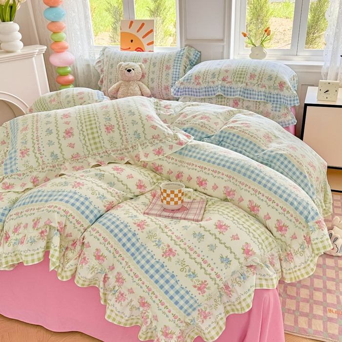 91家纺网 家纺一手货源 找家纺 芷凡家纺 2025新款A类加厚超柔水洗棉花边款韩式四件套 法式小香