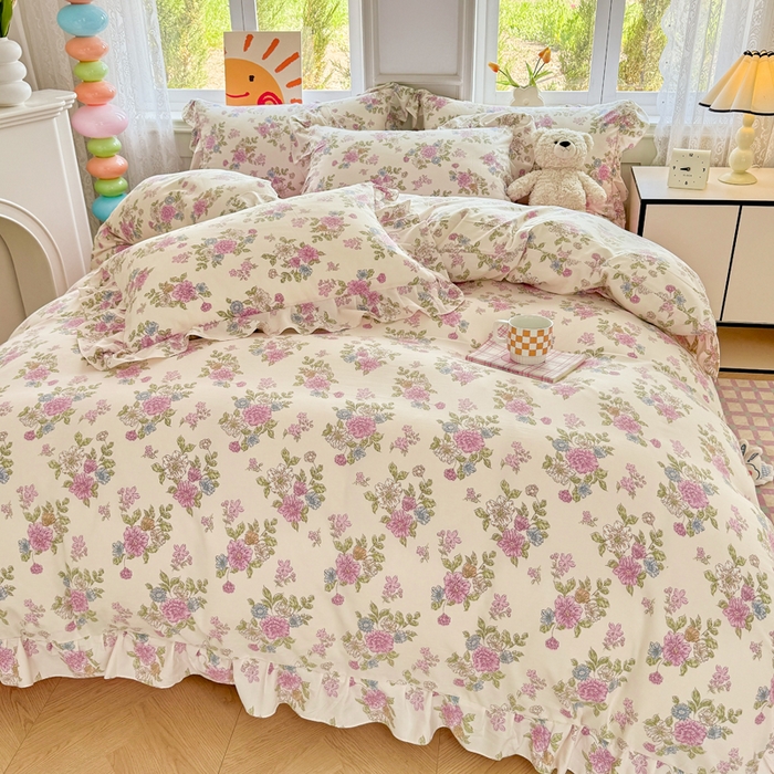 91家纺网 家纺一手货源 找家纺 芷凡家纺 2025新款A类加厚超柔水洗棉花边款韩式四件套 花开曼舞