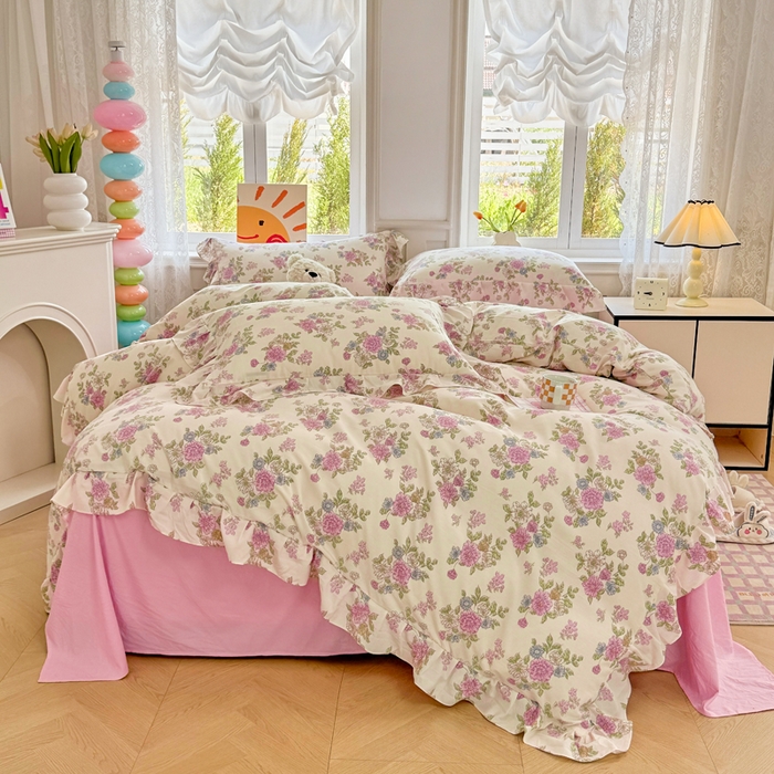 91家纺网 家纺一手货源 找家纺 芷凡家纺 2025新款A类加厚超柔水洗棉花边款韩式四件套 花开曼舞