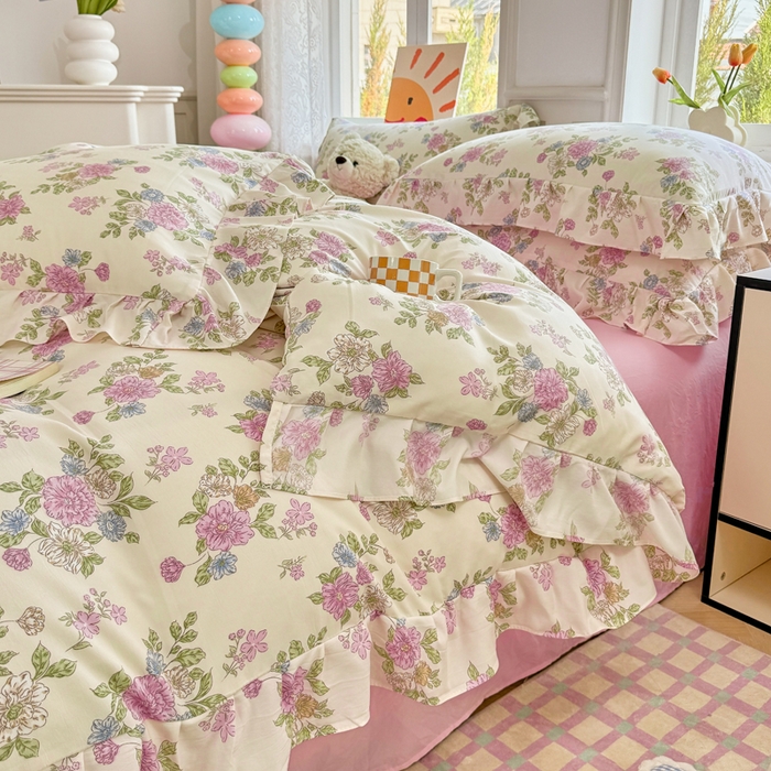 91家纺网 家纺一手货源 找家纺 芷凡家纺 2025新款A类加厚超柔水洗棉花边款韩式四件套 花开曼舞