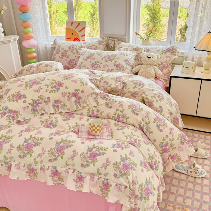 91家纺网 家纺一手货源 找家纺 芷凡家纺 2025新款A类加厚超柔水洗棉花边款韩式四件套 花开曼舞