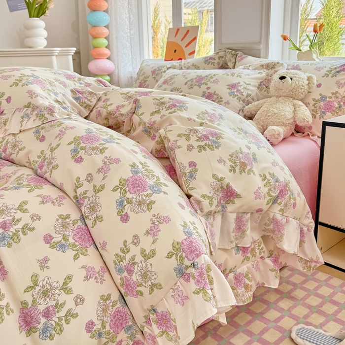 91家纺网 家纺一手货源 找家纺 芷凡家纺 2025新款A类加厚超柔水洗棉花边款韩式四件套 花开曼舞