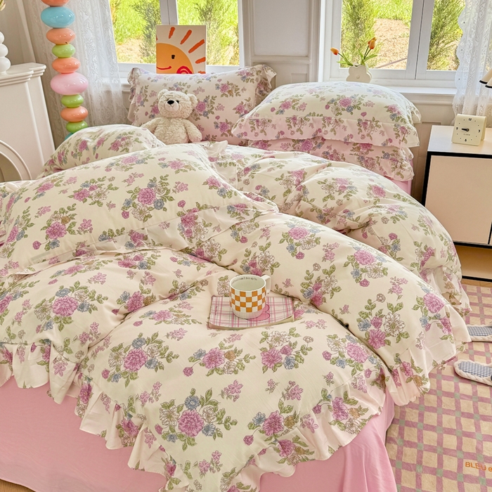 91家纺网 家纺一手货源 找家纺 芷凡家纺 2025新款A类加厚超柔水洗棉花边款韩式四件套 花开曼舞