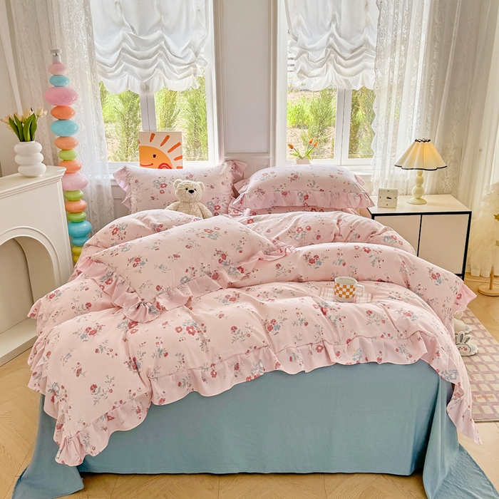 91家纺网 家纺一手货源 找家纺 芷凡家纺 2025新款A类加厚超柔水洗棉花边款韩式四件套 夕颜