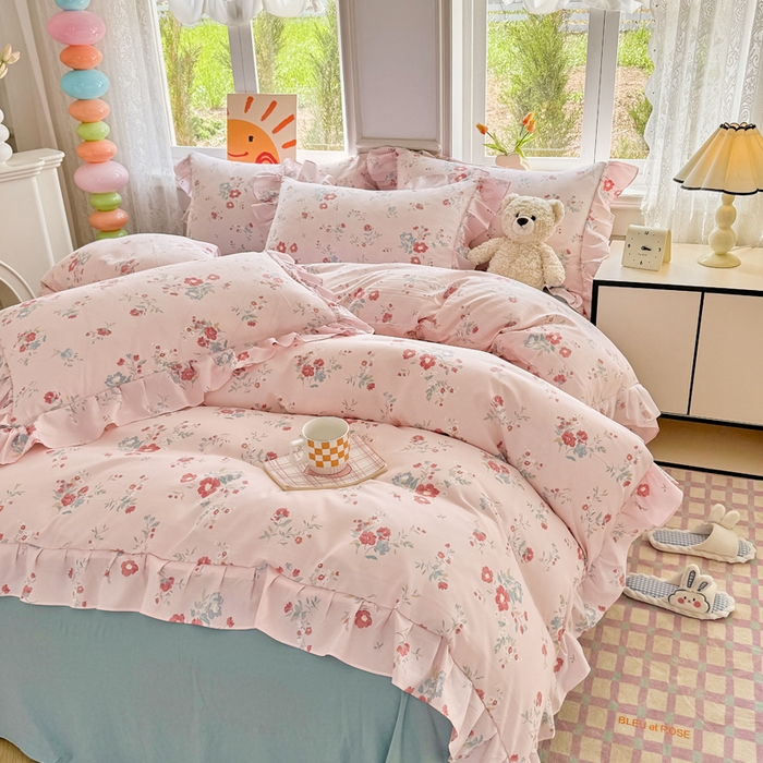 91家纺网 家纺一手货源 找家纺 芷凡家纺 2025新款A类加厚超柔水洗棉花边款韩式四件套 夕颜