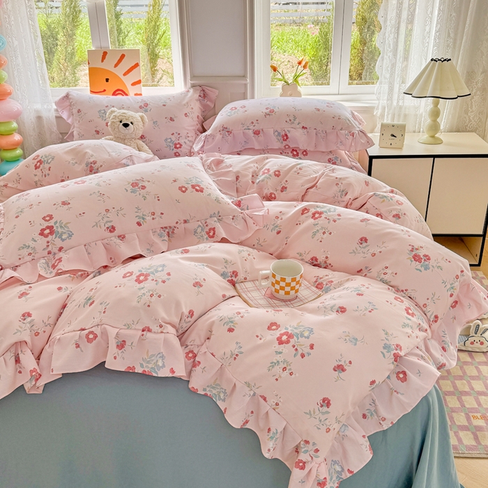 91家纺网 家纺一手货源 找家纺 芷凡家纺 2025新款A类加厚超柔水洗棉花边款韩式四件套 夕颜