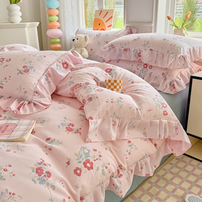 91家纺网 家纺一手货源 找家纺 芷凡家纺 2025新款A类加厚超柔水洗棉花边款韩式四件套 夕颜