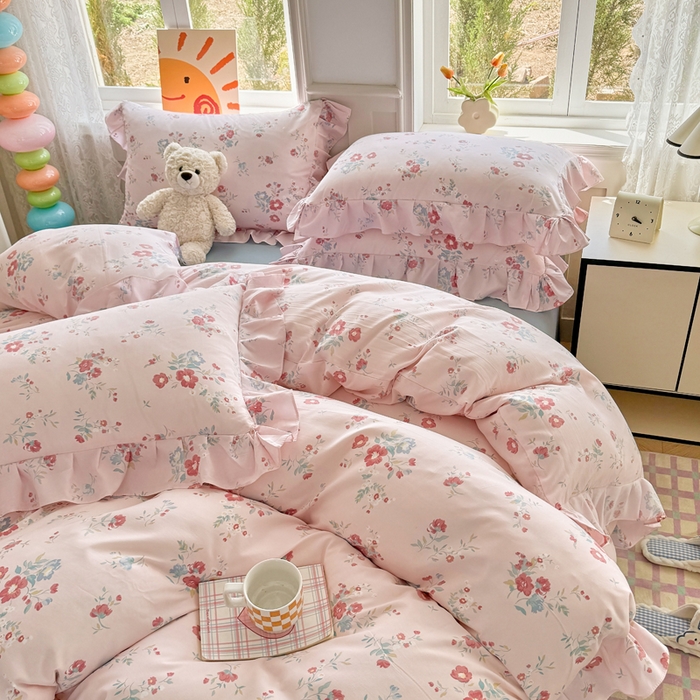 91家纺网 家纺一手货源 找家纺 芷凡家纺 2025新款A类加厚超柔水洗棉花边款韩式四件套 夕颜