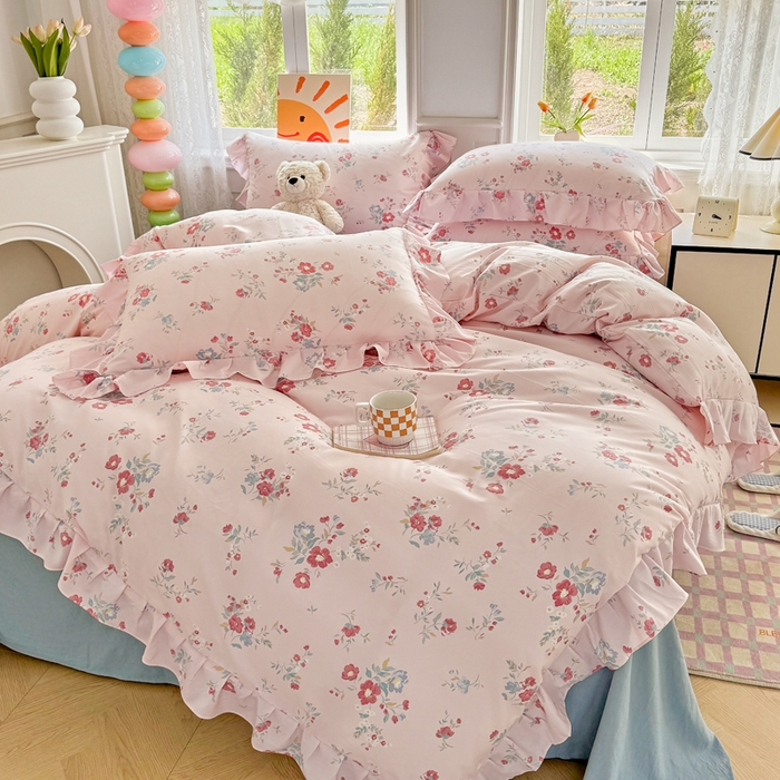 91家纺网 家纺一手货源 找家纺 芷凡家纺 2025新款A类加厚超柔水洗棉花边款韩式四件套 夕颜