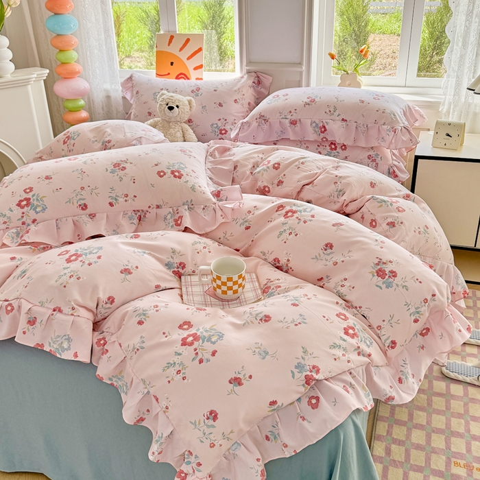 91家纺网 家纺一手货源 找家纺 芷凡家纺 2025新款A类加厚超柔水洗棉花边款韩式四件套 夕颜