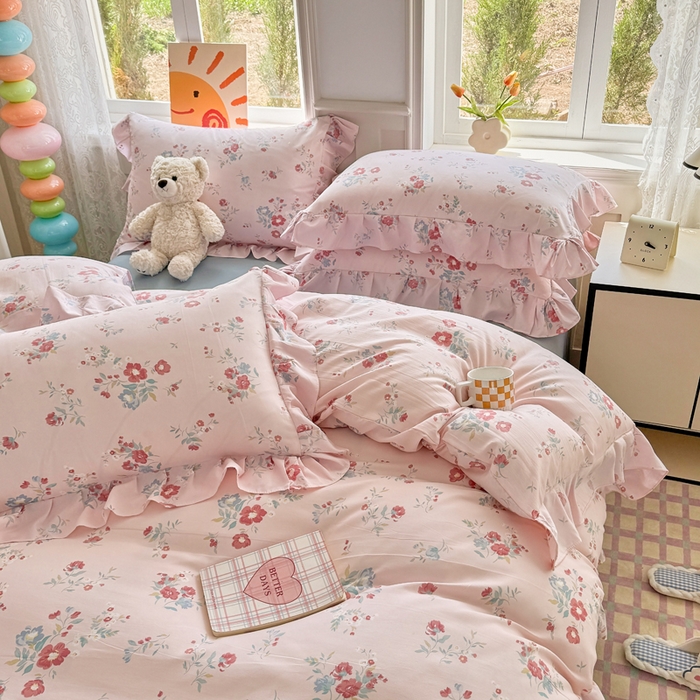 91家纺网 家纺一手货源 找家纺 芷凡家纺 2025新款A类加厚超柔水洗棉花边款韩式四件套 夕颜