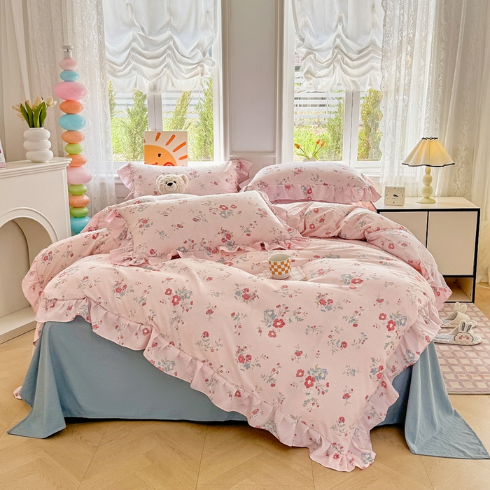 91家纺网 家纺一手货源 找家纺 芷凡家纺 2025新款A类加厚超柔水洗棉花边款韩式四件套 夕颜