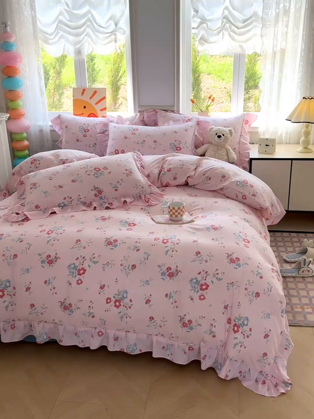 91家纺网 家纺一手货源 找家纺 芷凡家纺 2025新款A类加厚超柔水洗棉花边款韩式四件套 夕颜