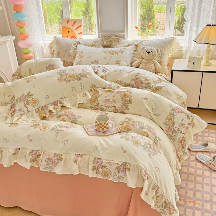 91家纺网 家纺一手货源 找家纺 芷凡家纺 2025新款A类加厚超柔水洗棉花边款韩式四件套 优乐花语