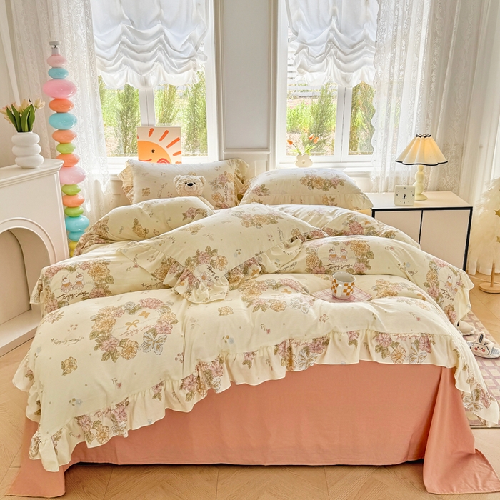 91家纺网 家纺一手货源 找家纺 芷凡家纺 2025新款A类加厚超柔水洗棉花边款韩式四件套 优乐花语