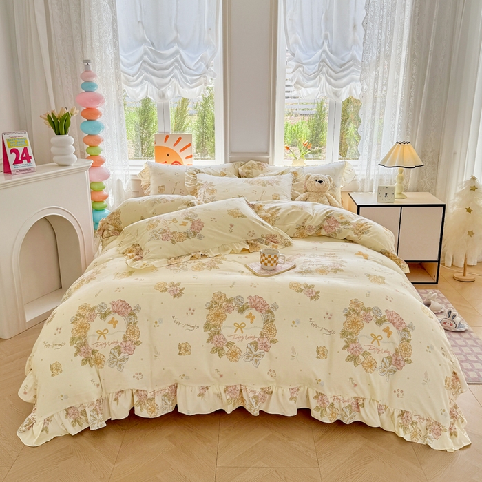 芷凡家纺 2025新款A类加厚超柔水洗棉花边款韩式四件套 优乐花语