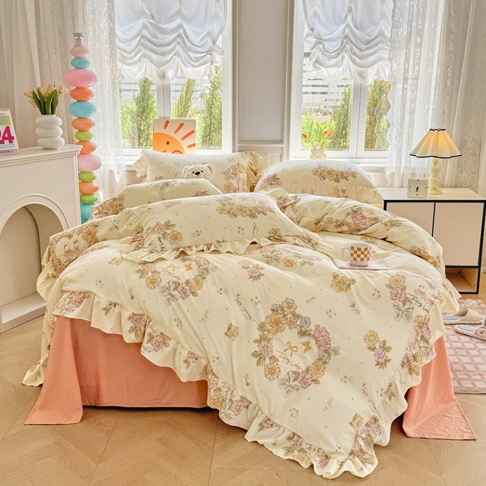 91家纺网 家纺一手货源 找家纺 芷凡家纺 2025新款A类加厚超柔水洗棉花边款韩式四件套 优乐花语