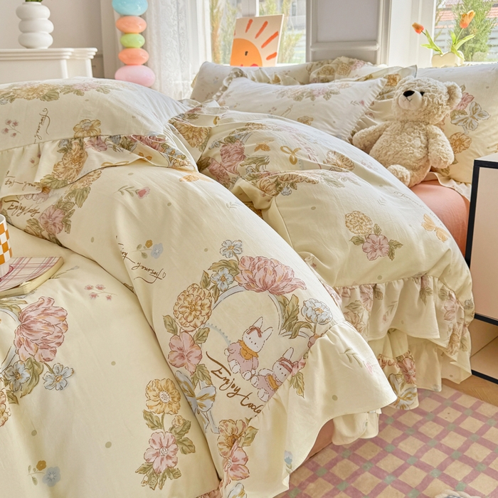 91家纺网 家纺一手货源 找家纺 芷凡家纺 2025新款A类加厚超柔水洗棉花边款韩式四件套 优乐花语