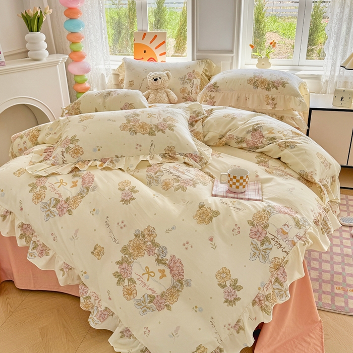 91家纺网 家纺一手货源 找家纺 芷凡家纺 2025新款A类加厚超柔水洗棉花边款韩式四件套 优乐花语