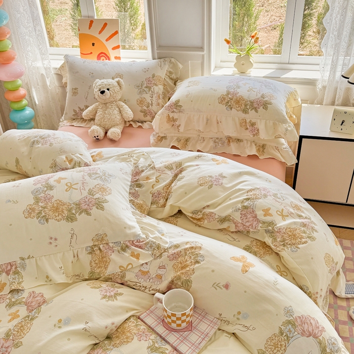 91家纺网 家纺一手货源 找家纺 芷凡家纺 2025新款A类加厚超柔水洗棉花边款韩式四件套 优乐花语