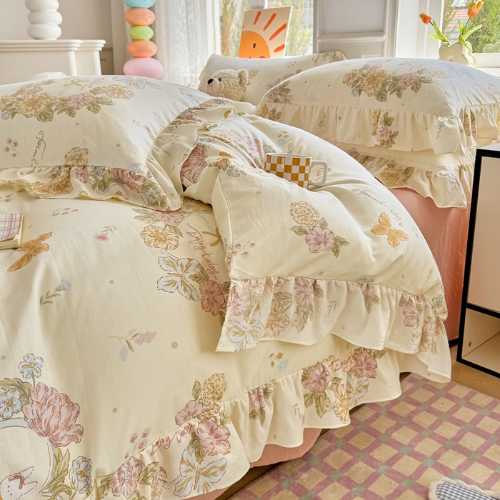 91家纺网 家纺一手货源 找家纺 芷凡家纺 2025新款A类加厚超柔水洗棉花边款韩式四件套 优乐花语