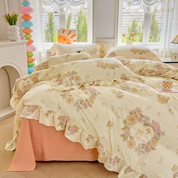 91家纺网 家纺一手货源 找家纺 芷凡家纺 2025新款A类加厚超柔水洗棉花边款韩式四件套 优乐花语