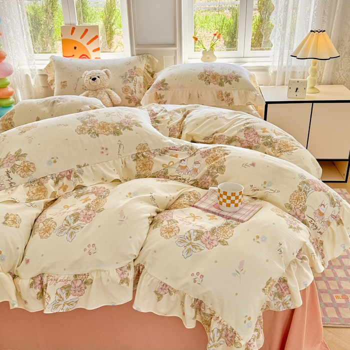 91家纺网 家纺一手货源 找家纺 芷凡家纺 2025新款A类加厚超柔水洗棉花边款韩式四件套 优乐花语